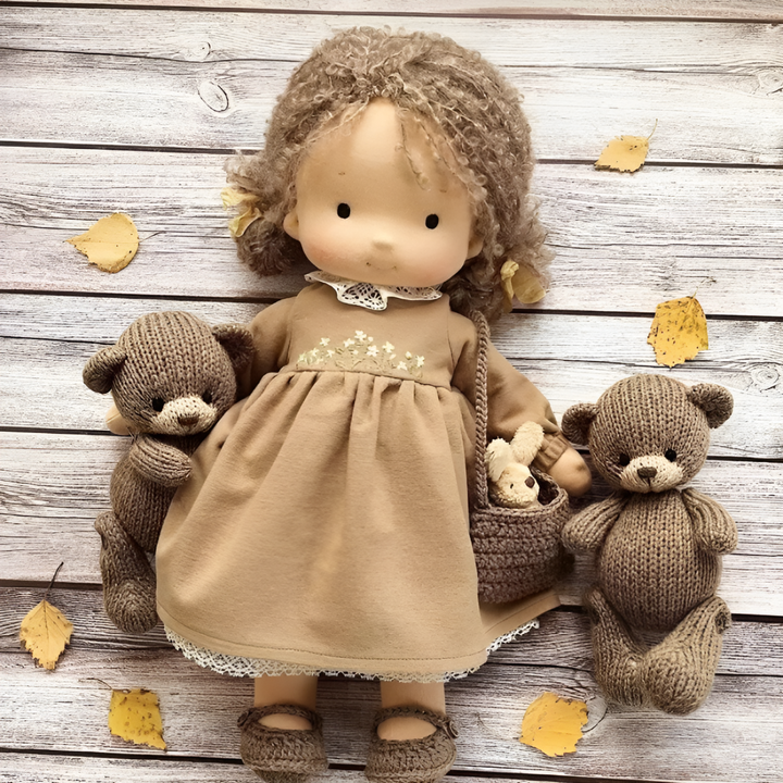 Soft Waldorf doll for imaginative adventures, made with natural cloth.