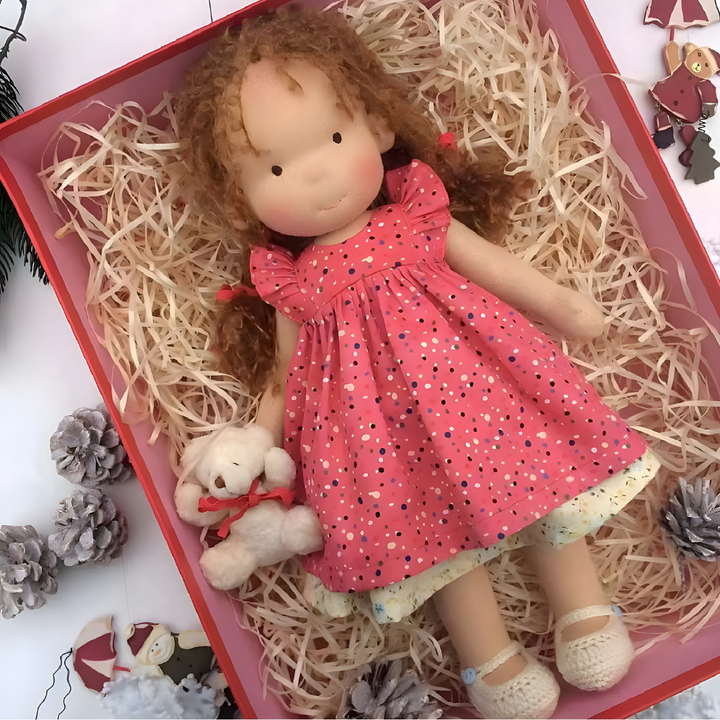 Imaginative Waldorf play doll, a natural material handmade cloth toy for kids.