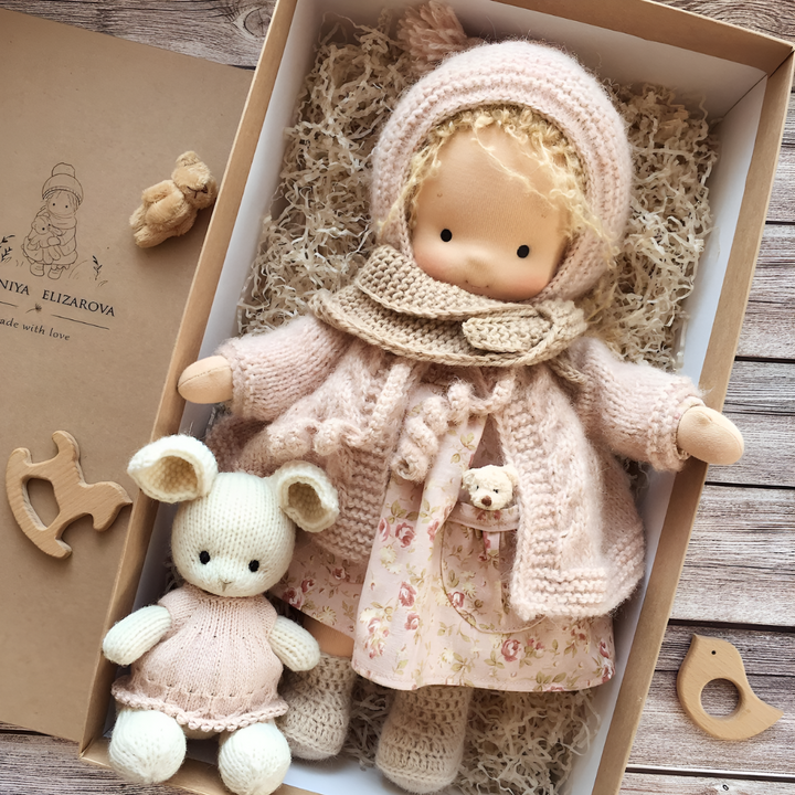 Handmade cloth Waldorf doll, fostering imaginative play & emotional growth.