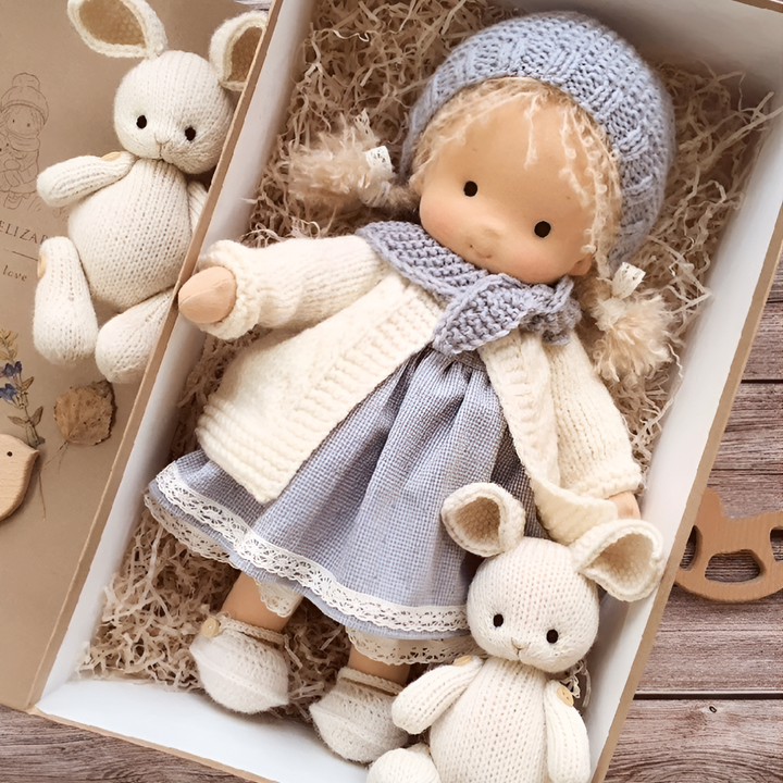 Ethical comfort Waldorf doll, a natural material cloth toy for children's playtime.