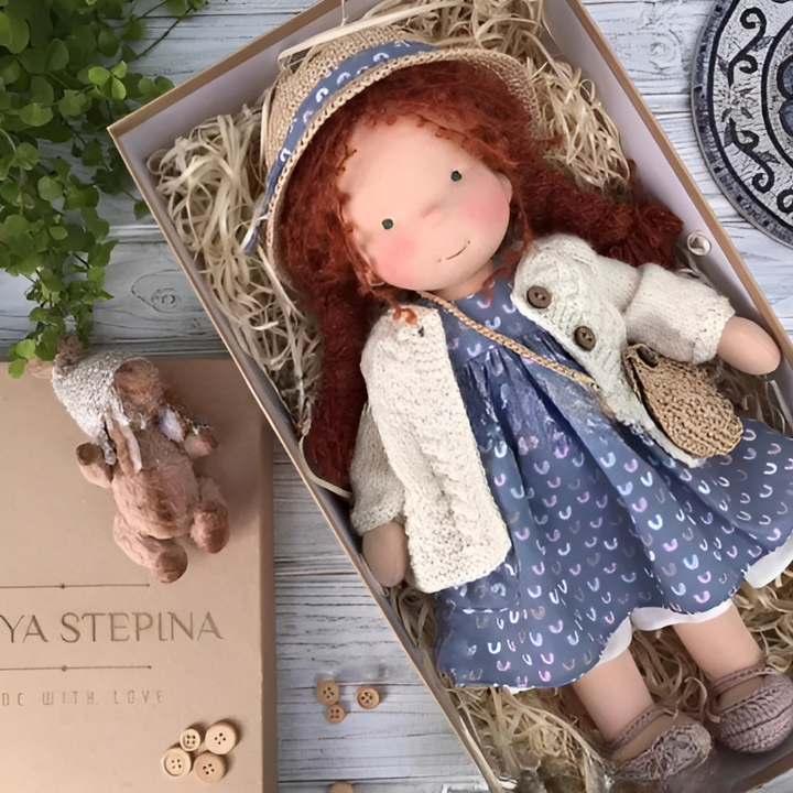 Children's Waldorf cloth doll, an ethical handmade toy for imaginative play.