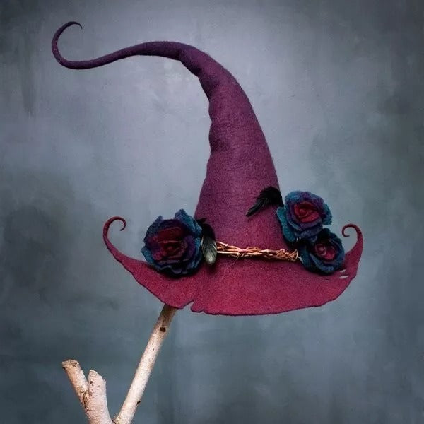 Unique women's handmade merino wool felt witch hat, an adjustable Halloween gift and costume accessory.