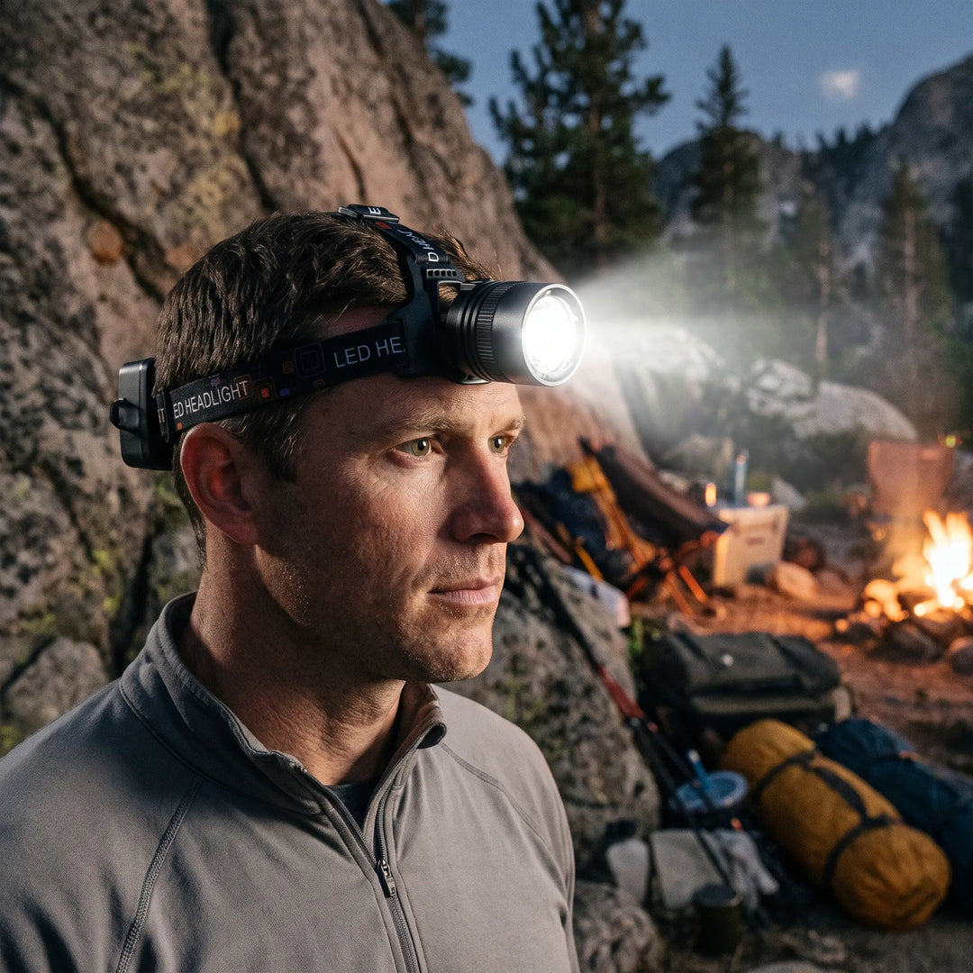 Hands-free LED headlamp for camping & hiking. Rechargeable outdoor lighting for adventure enthusiasts.