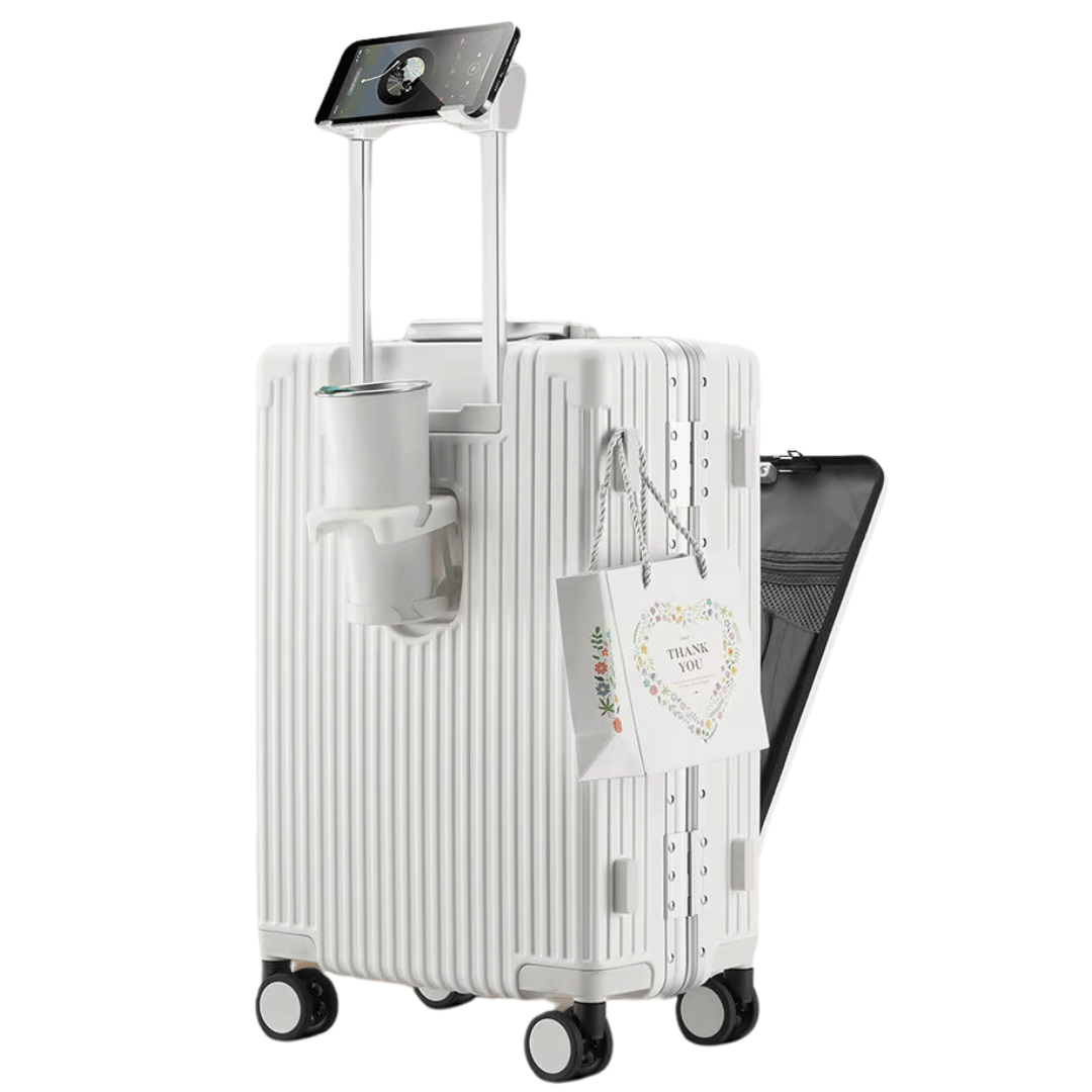 Hard-shell carry-on suitcase, Manhattan Pro, with front laptop compartment & USB charging.