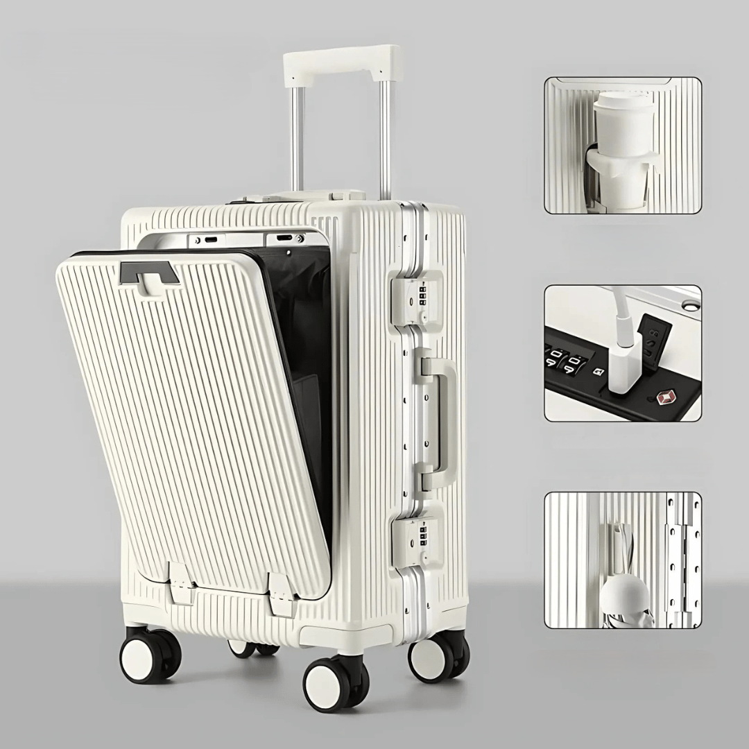 Stylish Manhattan Pro hard-shell luggage, a carry-on with integrated laptop compartment & USB port.