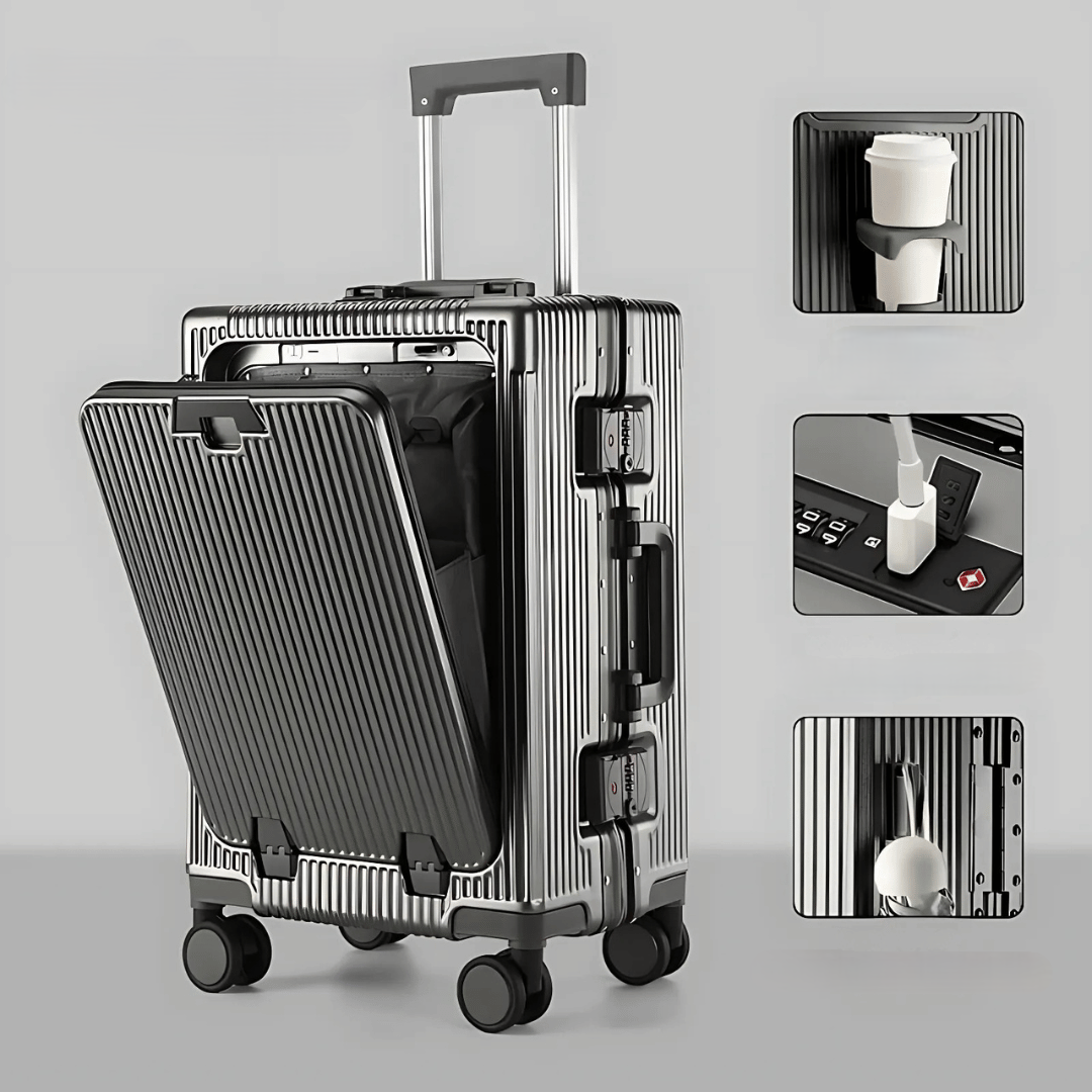 Smart travel with Manhattan Pro hard-shell carry-on, featuring laptop compartment & spinner wheels.