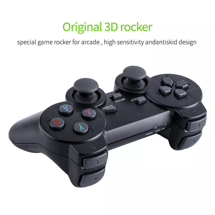 Compact 4K HDMI game stick console preloaded with 20,000+ vintage retro video games for your TV.