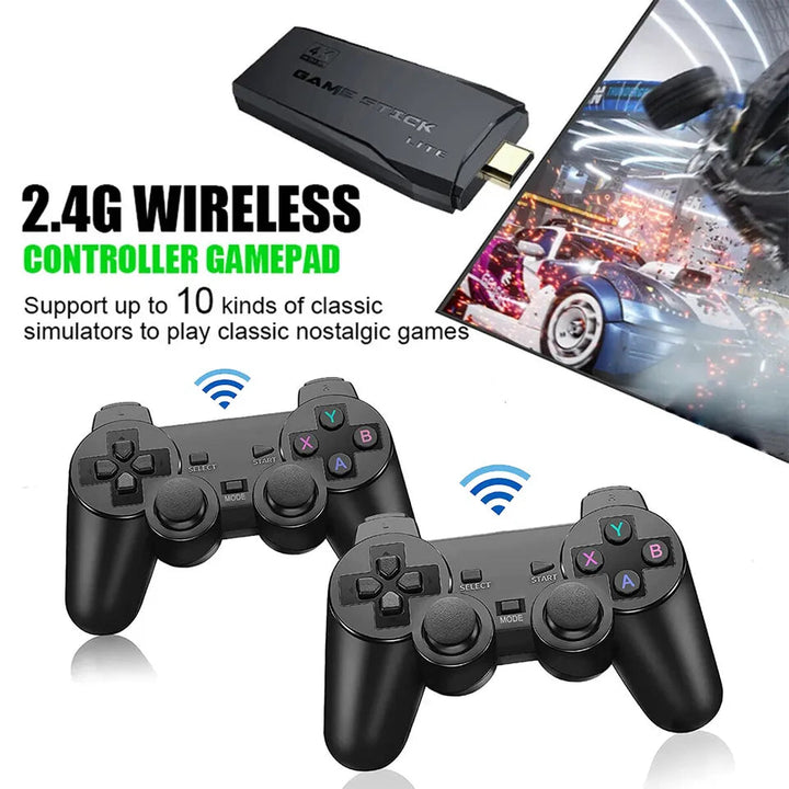 Unisex HDMI 4K TV game stick console, 64GB, delivering 20,000+ classic retro games via 2 wireless gamepads.