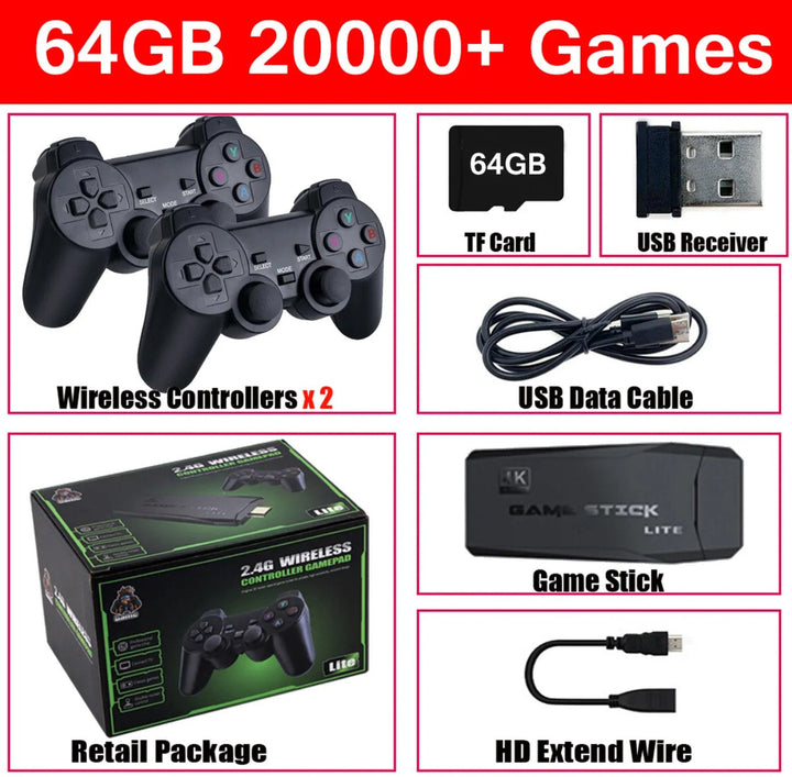Retro HDMI 4K wireless game stick. Relive 20,000+ classic video games with 64GB storage & wireless gamepads.
