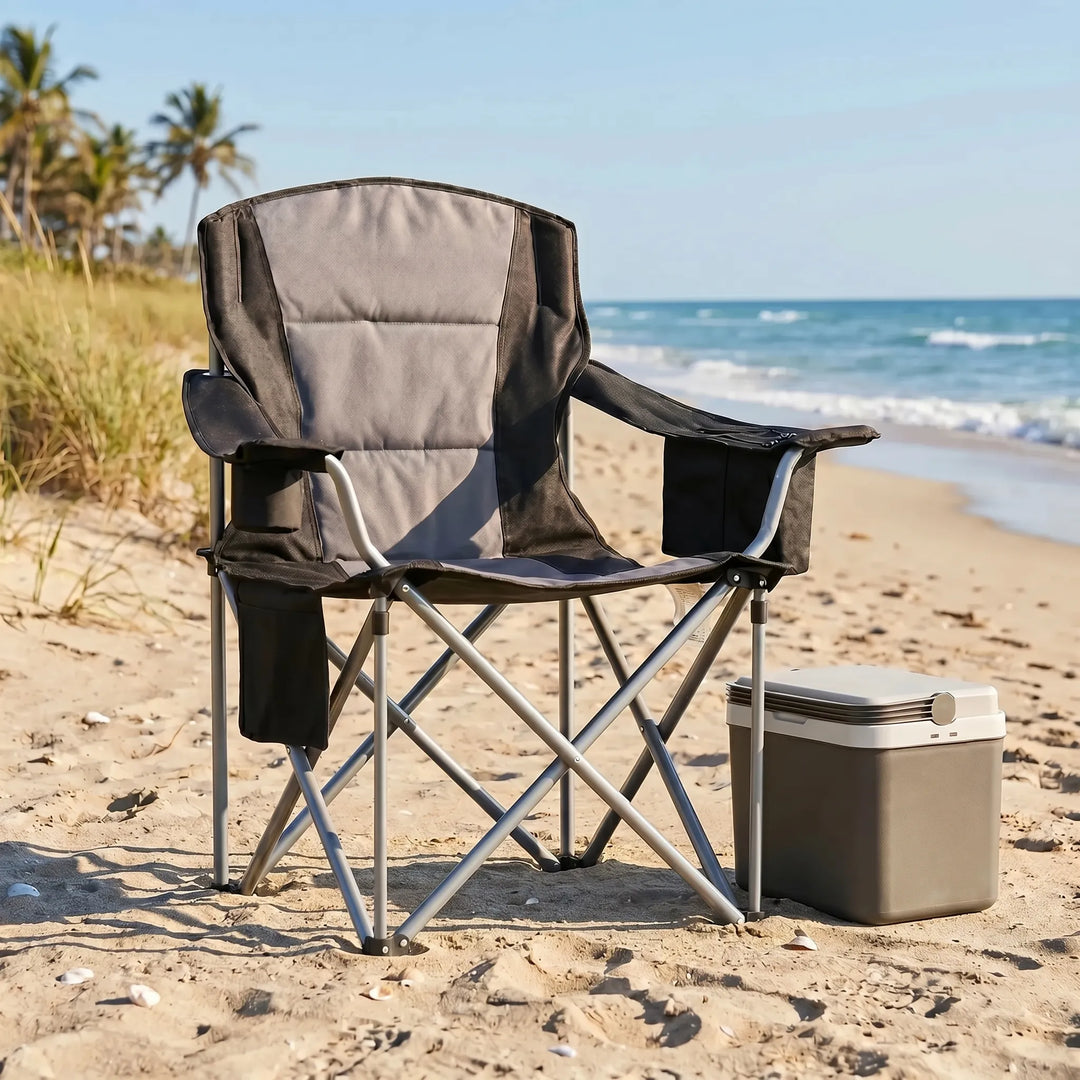 Heavy-duty black folding camping chair for outdoor adventures; durable and robust for any camp.