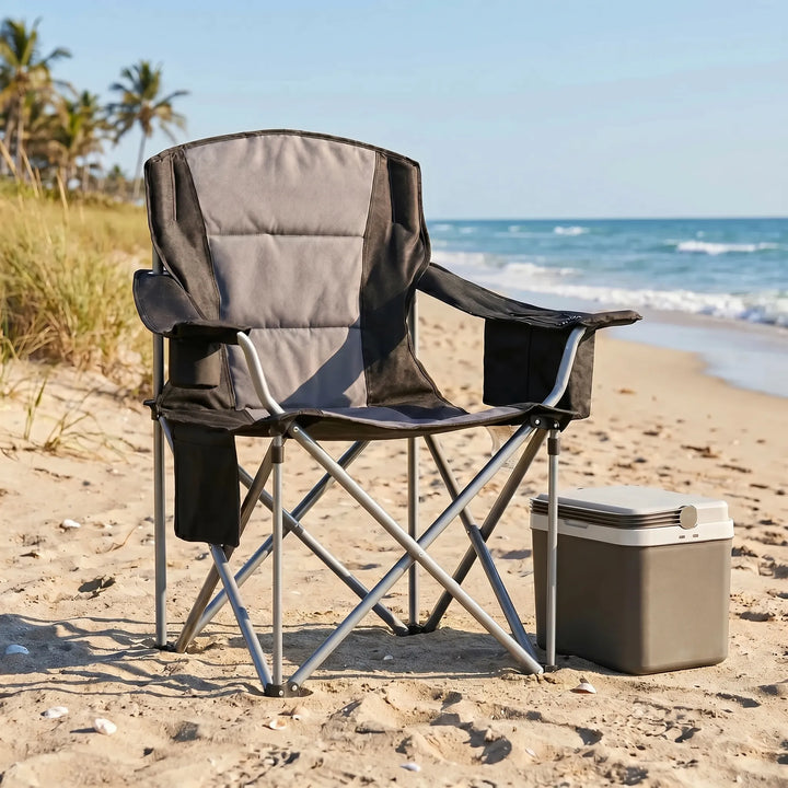 Heavy-duty black folding camping chair for outdoor adventures; durable and robust for any camp.