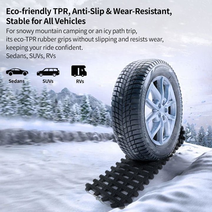 Pair of orange heavy-duty traction mats, essential emergency gear for snowy camping and vehicle rescue.