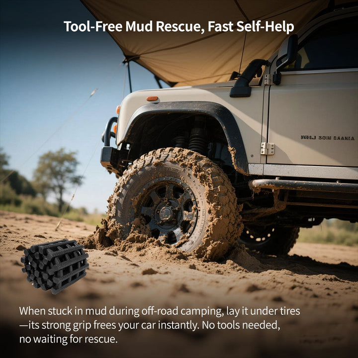 Compact, foldable heavy-duty car traction mat, ideal auto accessory for off-road recovery and emergency use.