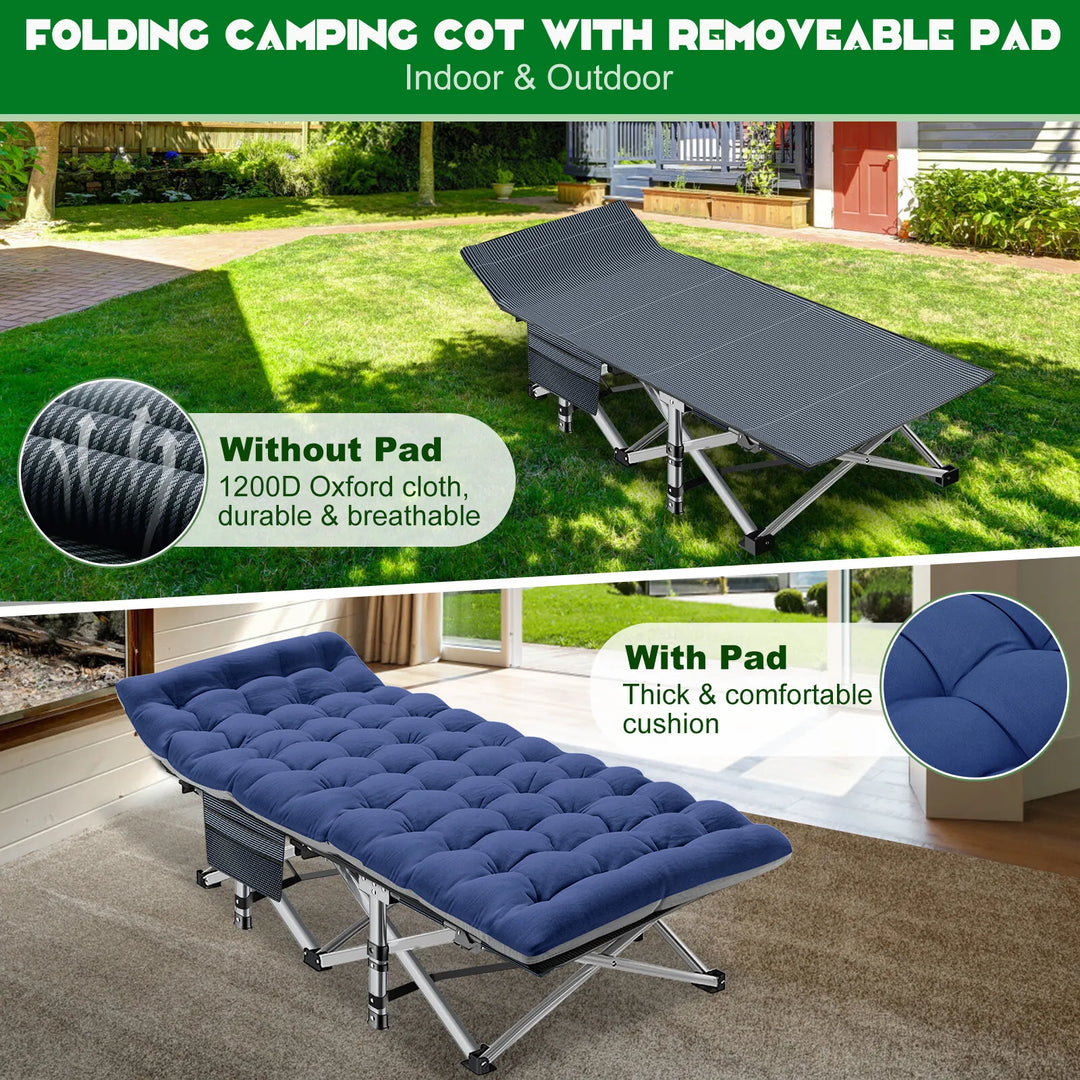 Heavy-duty camping cot, collapsed for transport, demonstrating its portability.