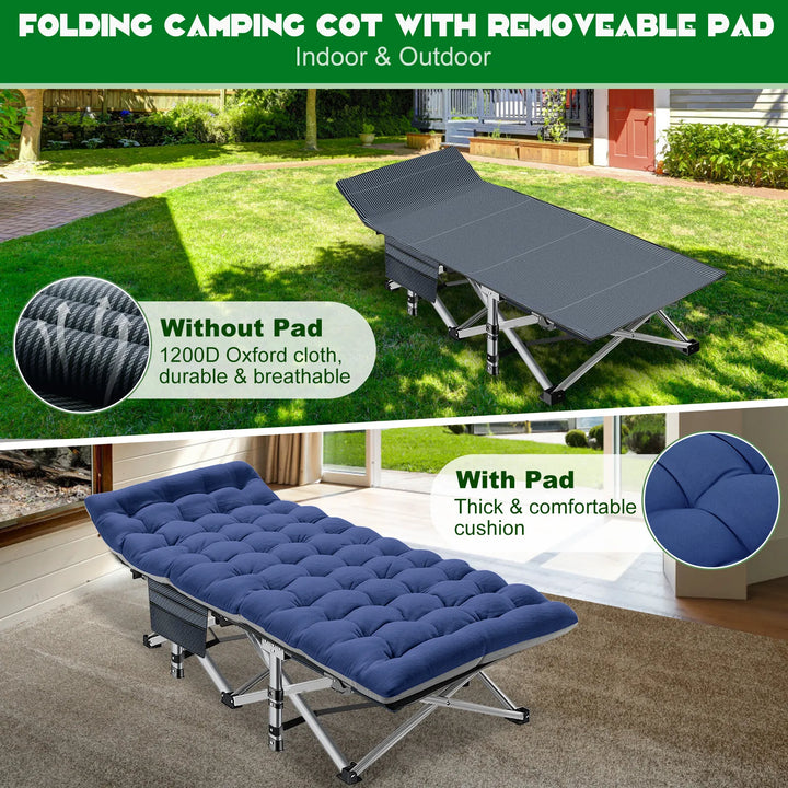Heavy-duty camping cot, collapsed for transport, demonstrating its portability.