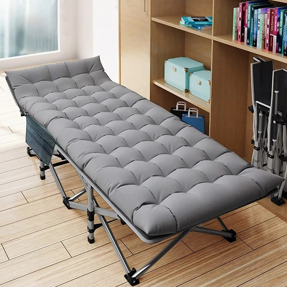 Outdoor bed: heavy-duty folding cot with supportive mattress for comfortable rest.
