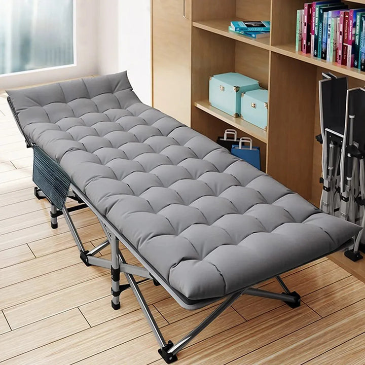 Outdoor bed: heavy-duty folding cot with supportive mattress for comfortable rest.