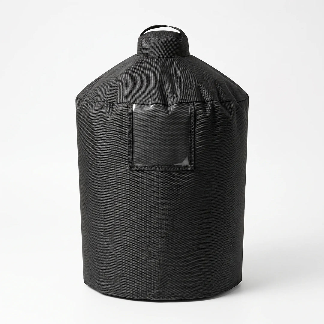 Cylindrical barbecue grill cover, heavy duty oxford cloth, essential weather protection for outdoor patio grills.