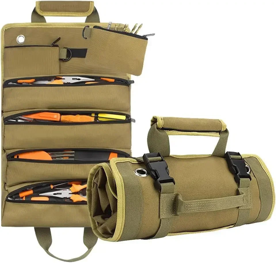 Portable roll-up tool organizer, durable Oxford fabric, multiple pockets for handyman's tools