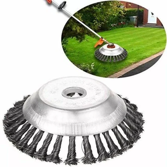 Heavy-duty steel wire weeding brush head for brushcutter, ideal for tough weed removal & garden landscaping.