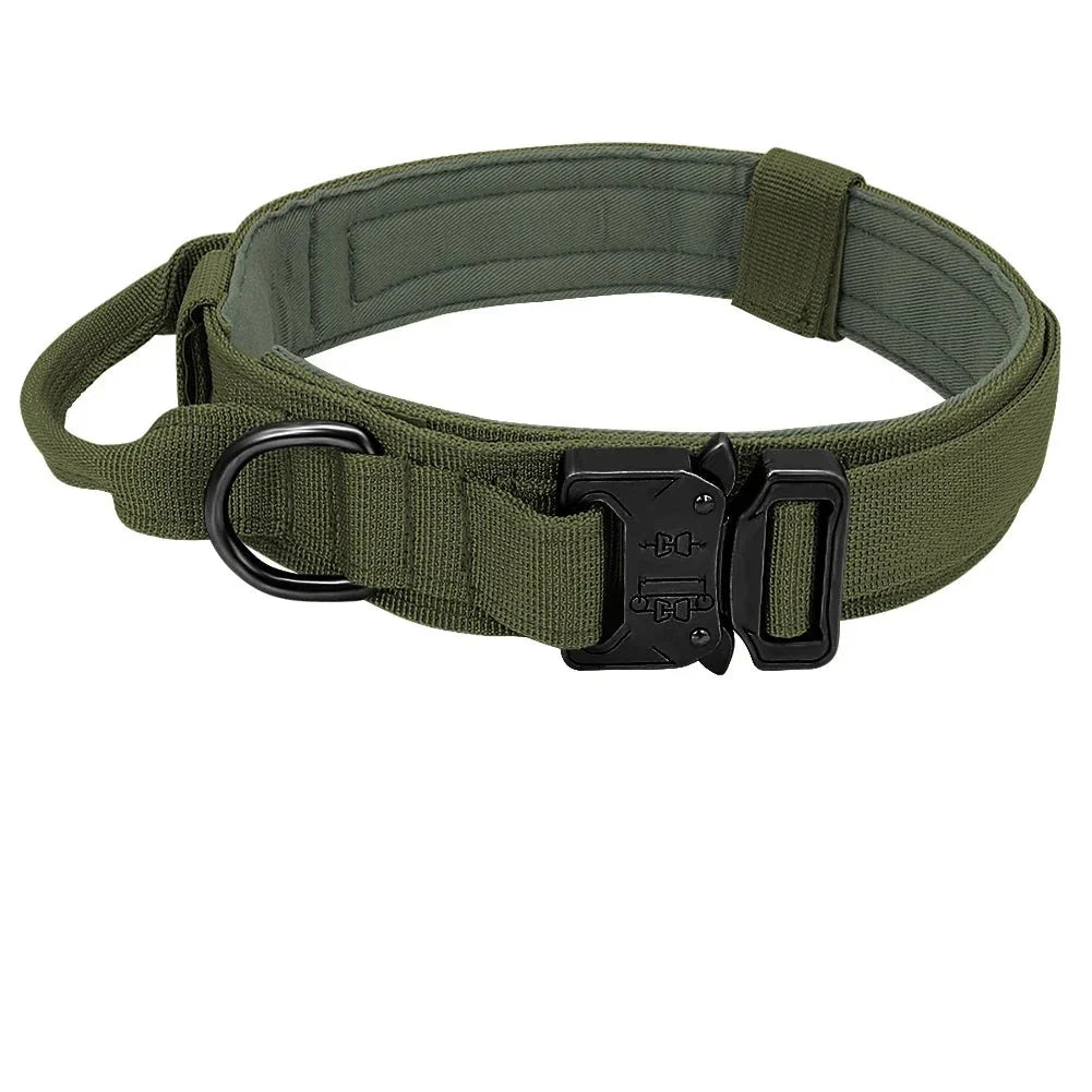 Quick release tactical dog collar with handle, desert tan, ideal for military and police dog gear