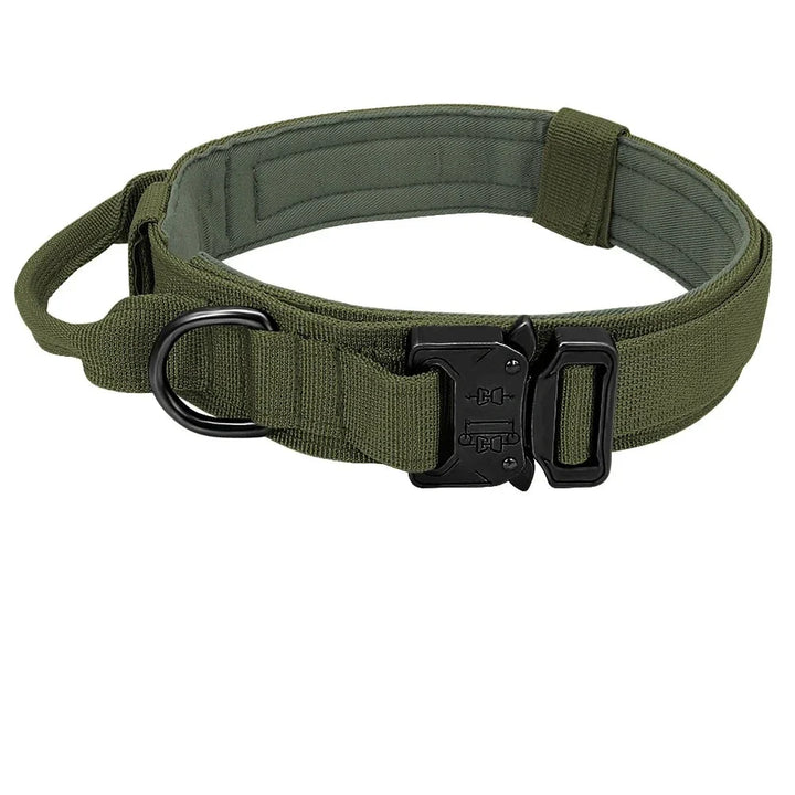 Quick release tactical dog collar with handle, desert tan, ideal for military and police dog gear