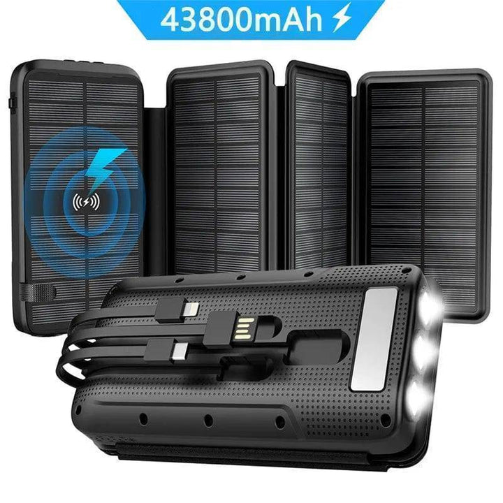High-capacity solar wireless power bank for phones, ideal for outdoor & emergency use, travel-friendly