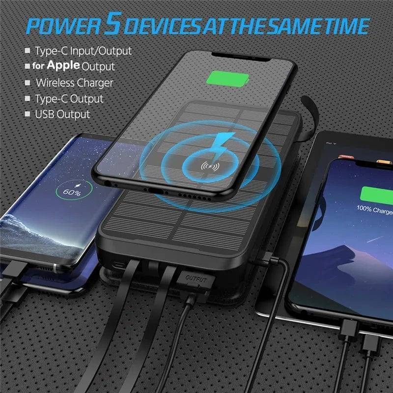Universal solar wireless charger, high capacity for multiple devices, essential outdoor and travel gear
