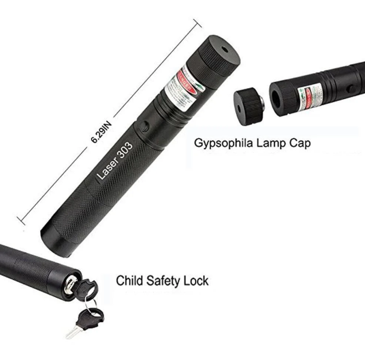 Compact high power dual beam laser pointer emitting both vivid green and red light beams.