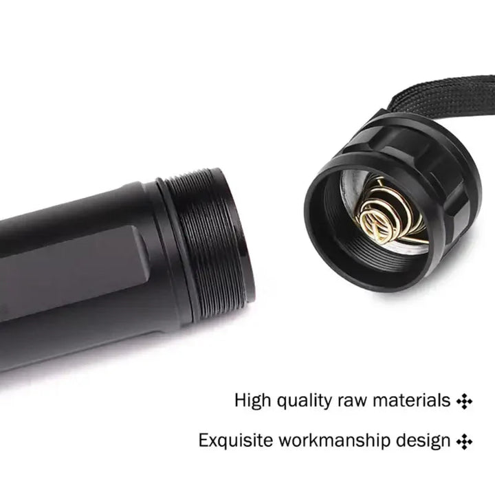 Tactical LED flashlight with strong beam, essential outdoor gear