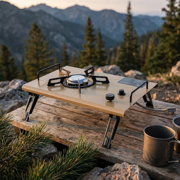High-power portable gas stove for camping, outdoor cooking, and hiking. Durable single burner.