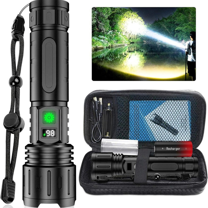 High-power rechargeable LED flashlight with power bank function, ideal for camping and outdoor use.