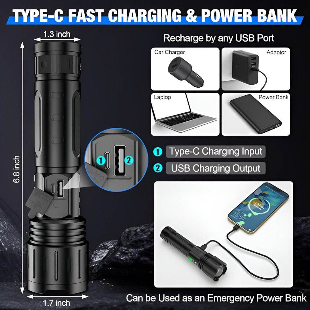 Tactical LED flashlight with built-in power bank, perfect for emergency and outdoor adventures.