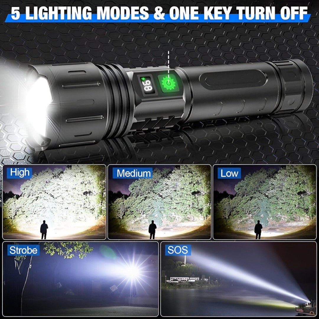 Bright rechargeable LED flashlight, doubles as a power bank for phones, essential for camping.