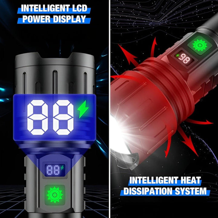 Durable LED flashlight and power bank combo, great for outdoor, emergency, and tactical needs.