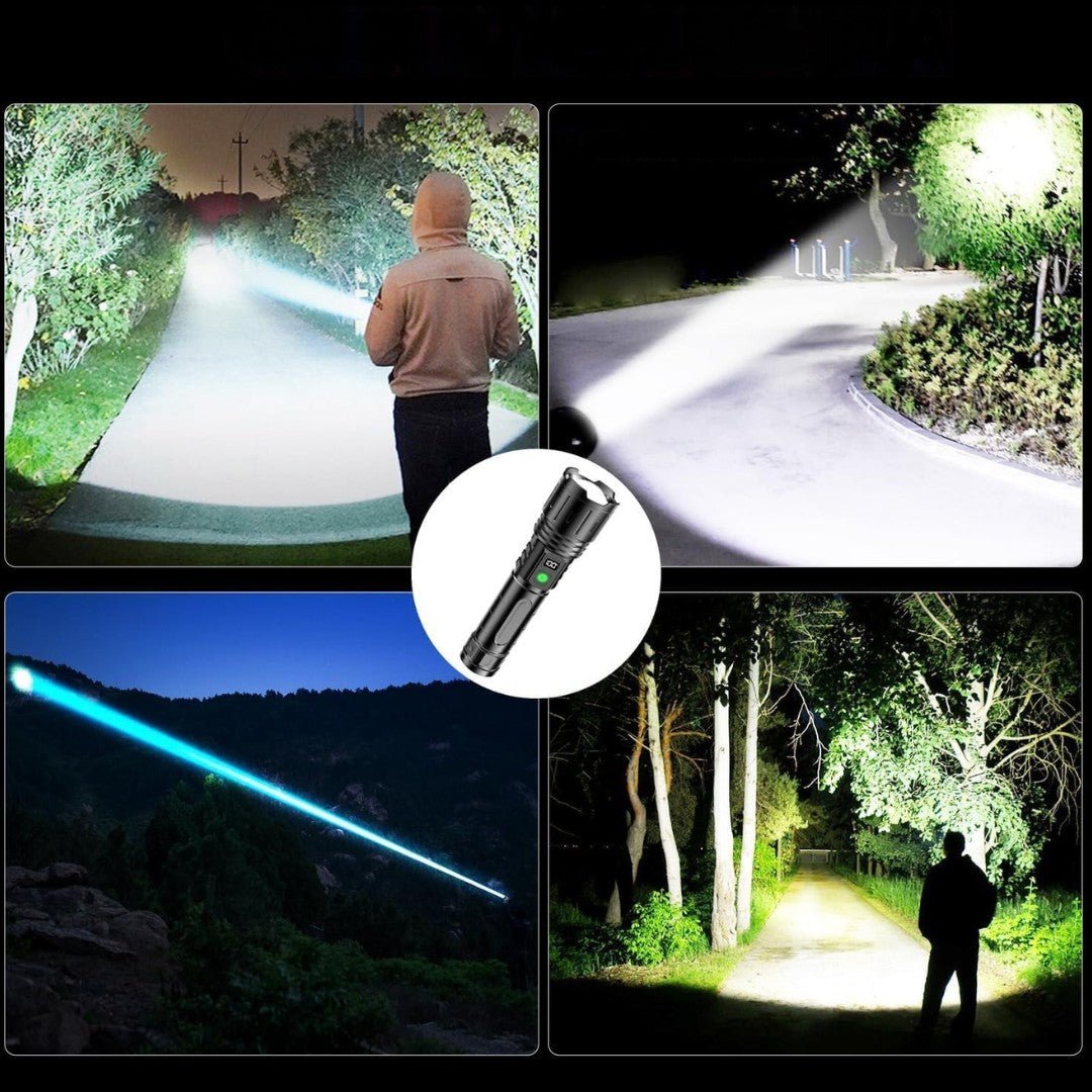 Versatile rechargeable LED flashlight with power bank feature, suitable for camping and emergencies.