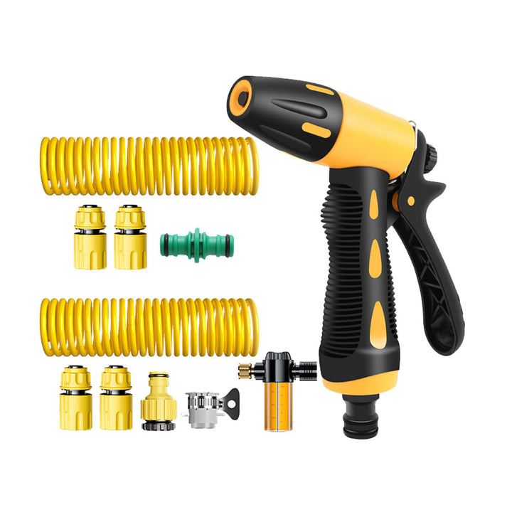 Garden tools: high-pressure water gun and durable coiled hose, tackles tough outdoor messes