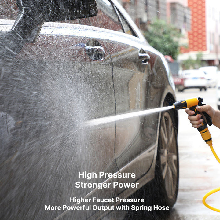 Compact coiled hose with high-pressure water gun, ideal garden tool for effortless storage