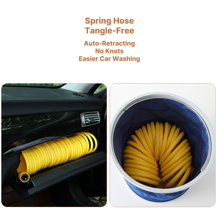 Person washing car with extendable hose and high-pressure water gun, sparkling clean finish