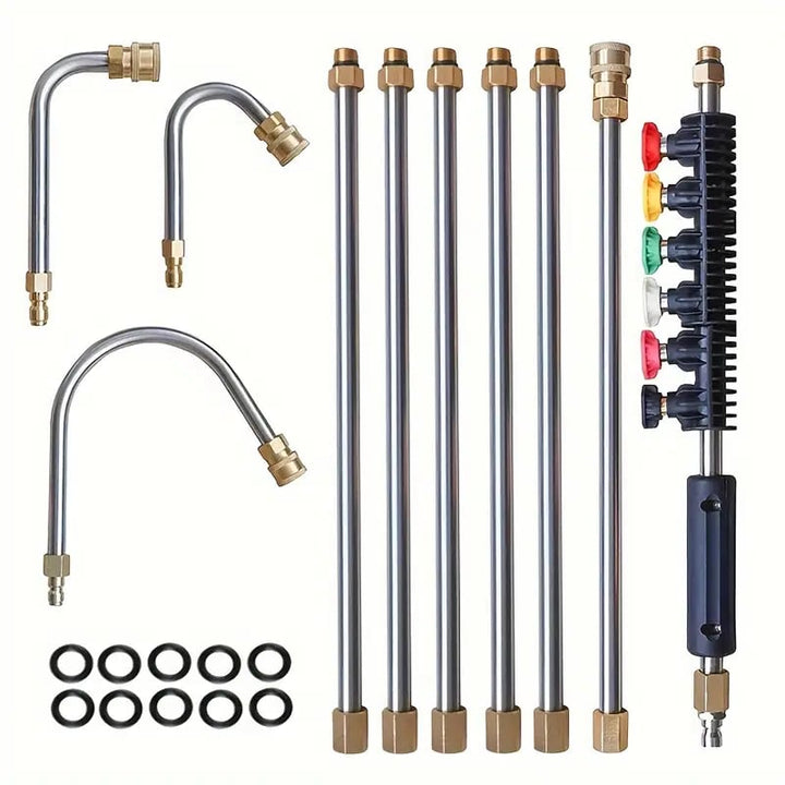 Telescoping pressure washer extension wand reaching high gutters and roofs, making exterior cleaning easy.
