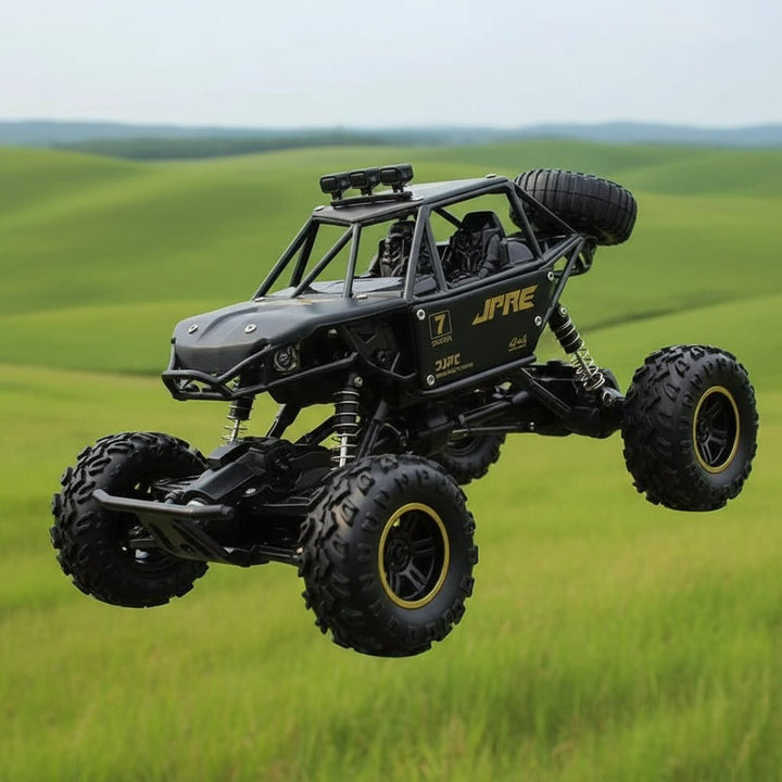 High-speed 4x4 RC monster truck with durable metal body & LED lights, tackling offroad terrain.