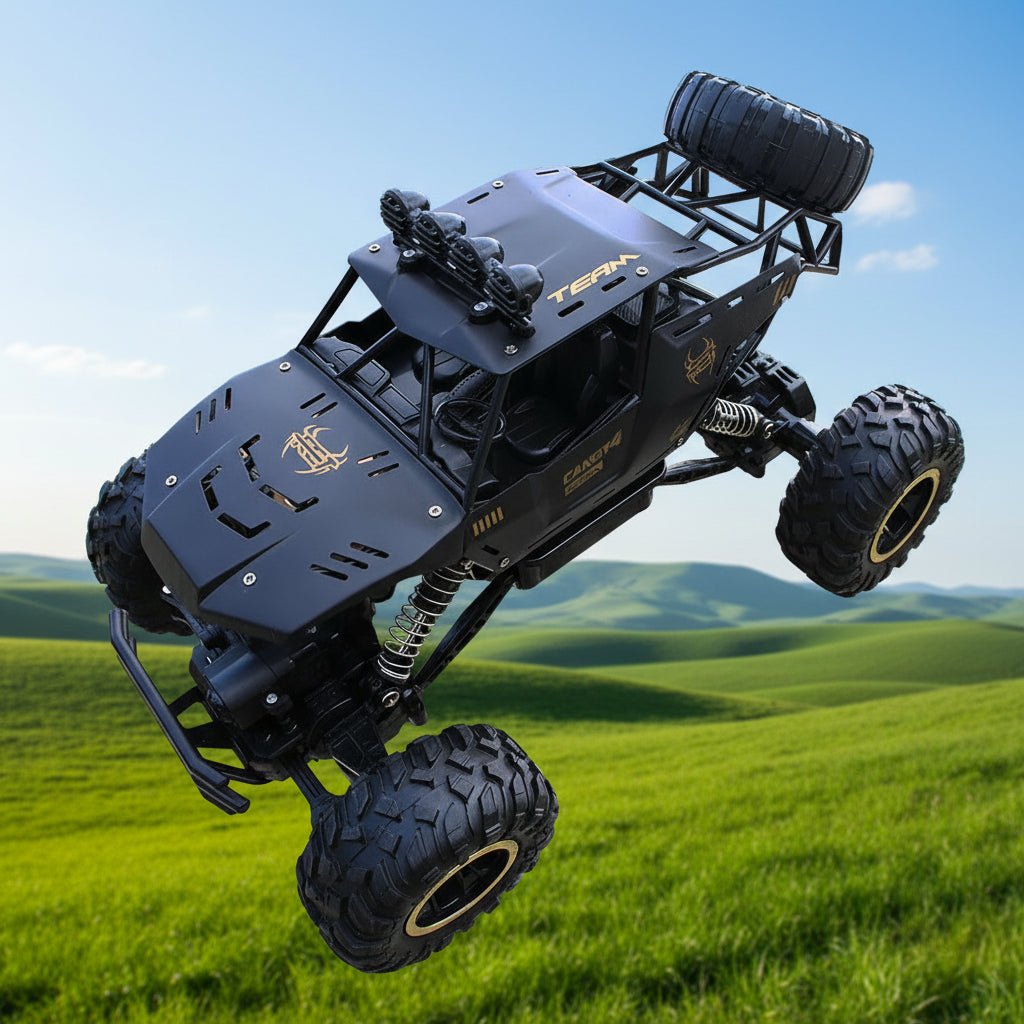 Remote control 4x4 monster truck with rugged metal body and bright LED lights for outdoor fun.