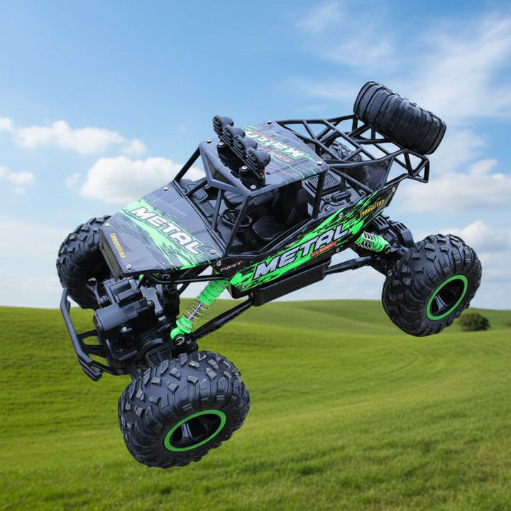 High-speed 4x4 RC monster truck soaring over dirt, showcasing its offroad capabilities for outdoor play.