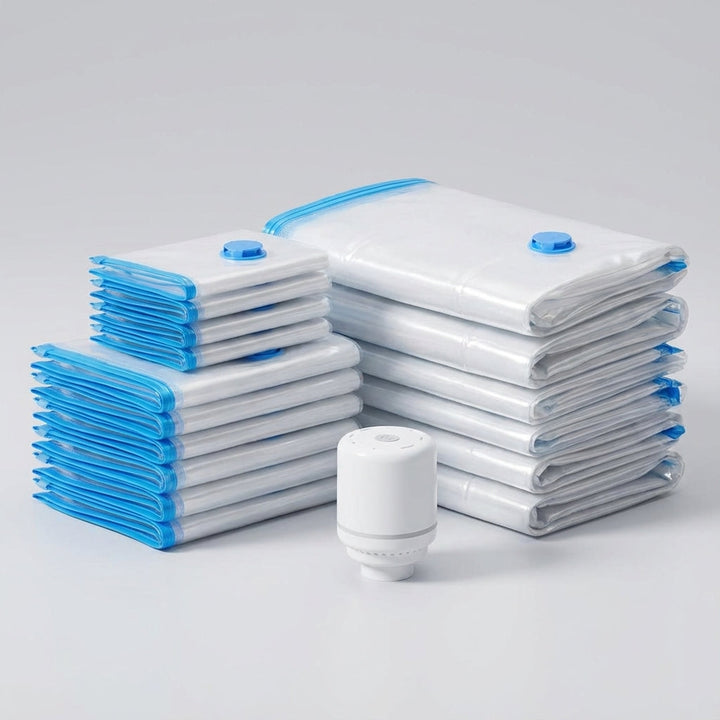 Complete electric vacuum storage bag set with pump for travel, clothing, bedding. Ultimate space saver.