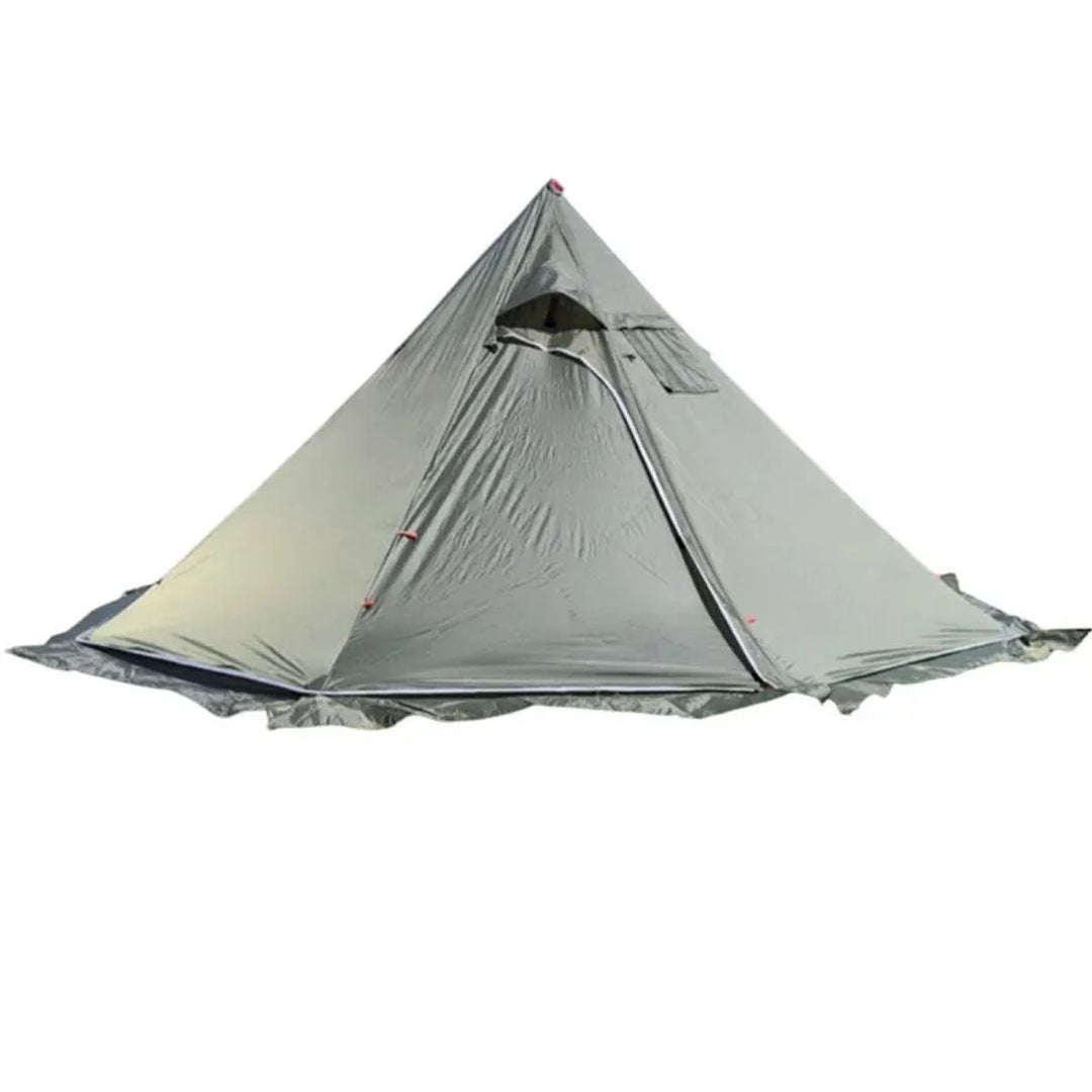Family enjoying the warmth inside a 1-3 person hot tent, perfect for all-season camping.