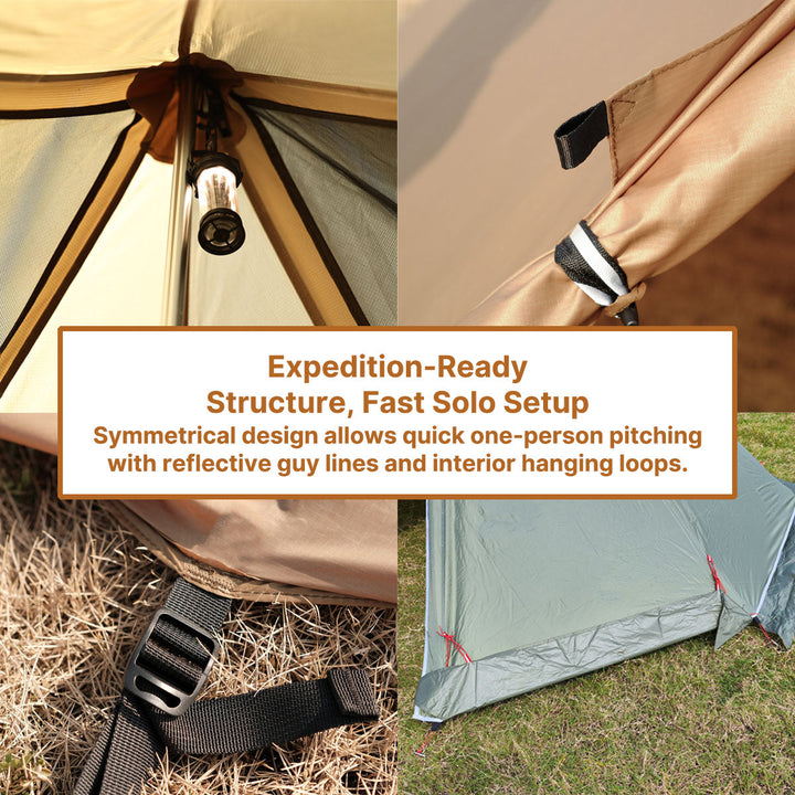 Hot tent setup in a snowy landscape, highlighting its all-season and winter camping use.