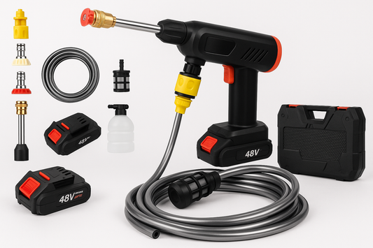 "Idropulitrice a batteria portatile, design compatto, ideale per auto, giardini e terrazze. Alta pressione e senza cavi."