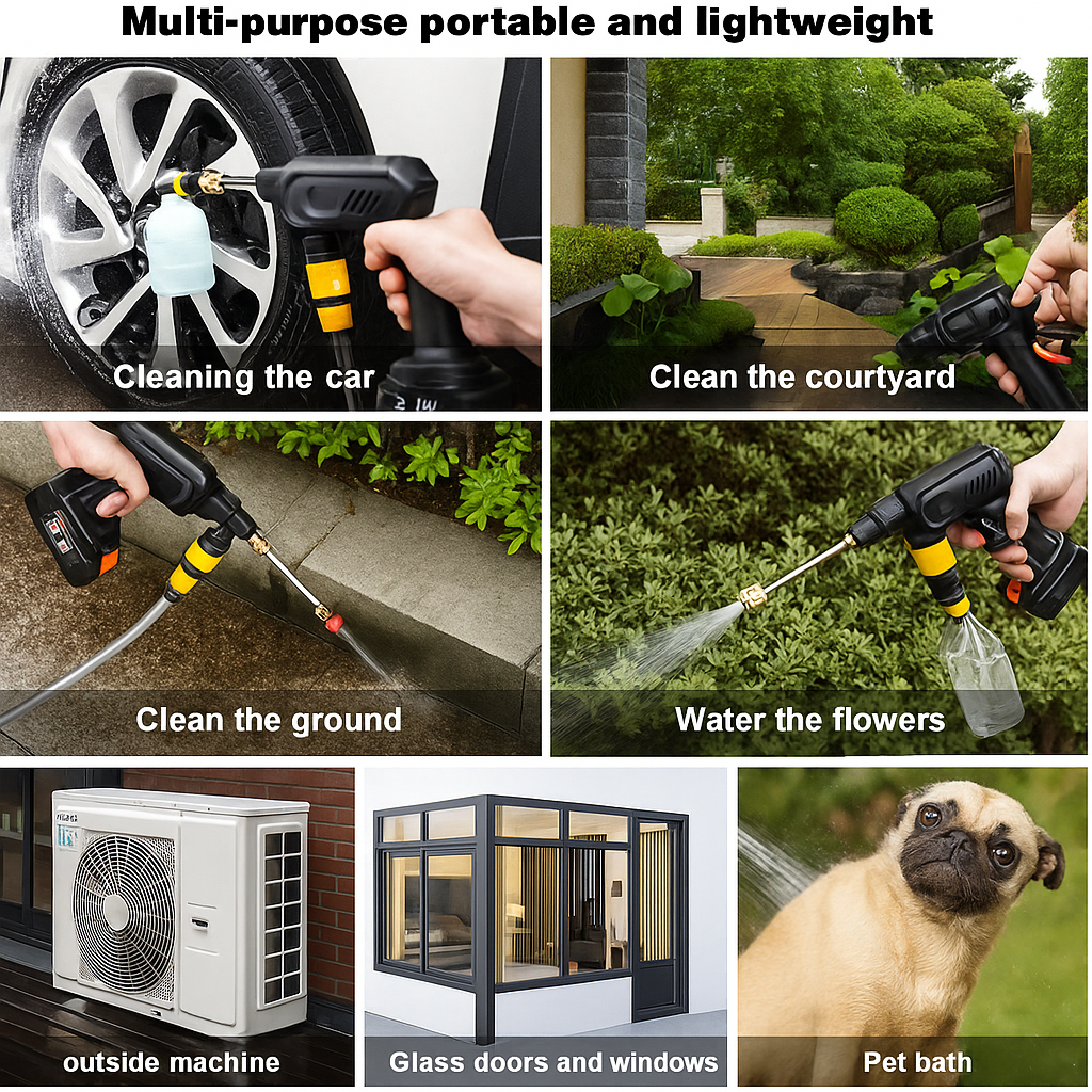 "Idropulitrice a batteria portatile, design compatto, ideale per auto, giardini e terrazze. Alta pressione e senza cavi."