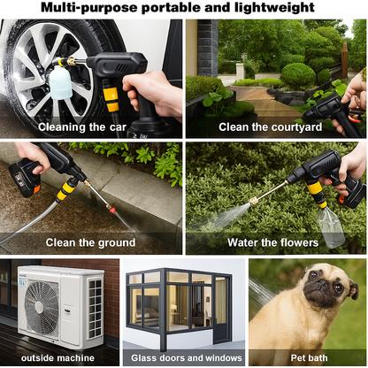 "Idropulitrice a batteria portatile, design compatto, ideale per auto, giardini e terrazze. Alta pressione e senza cavi."