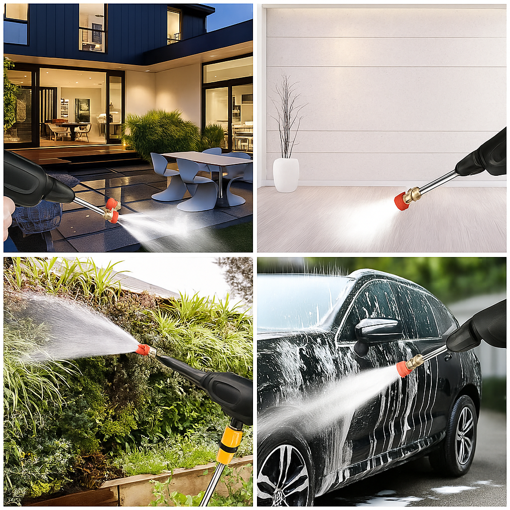 "Idropulitrice a batteria portatile, design compatto, ideale per auto, giardini e terrazze. Alta pressione e senza cavi."